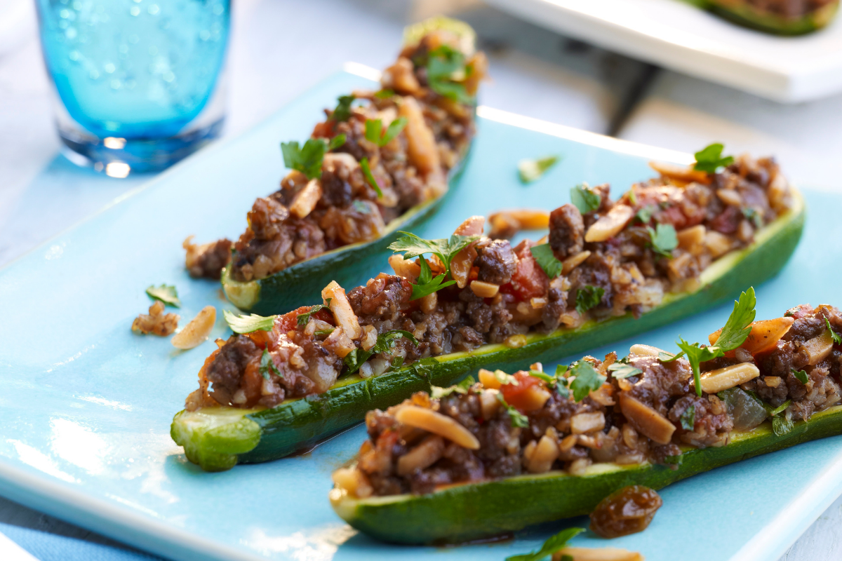 Beef And Almond Stuffed Zucchini Boats