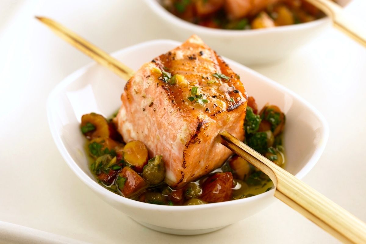 Salmon Skewers with Almond Salsa Verde