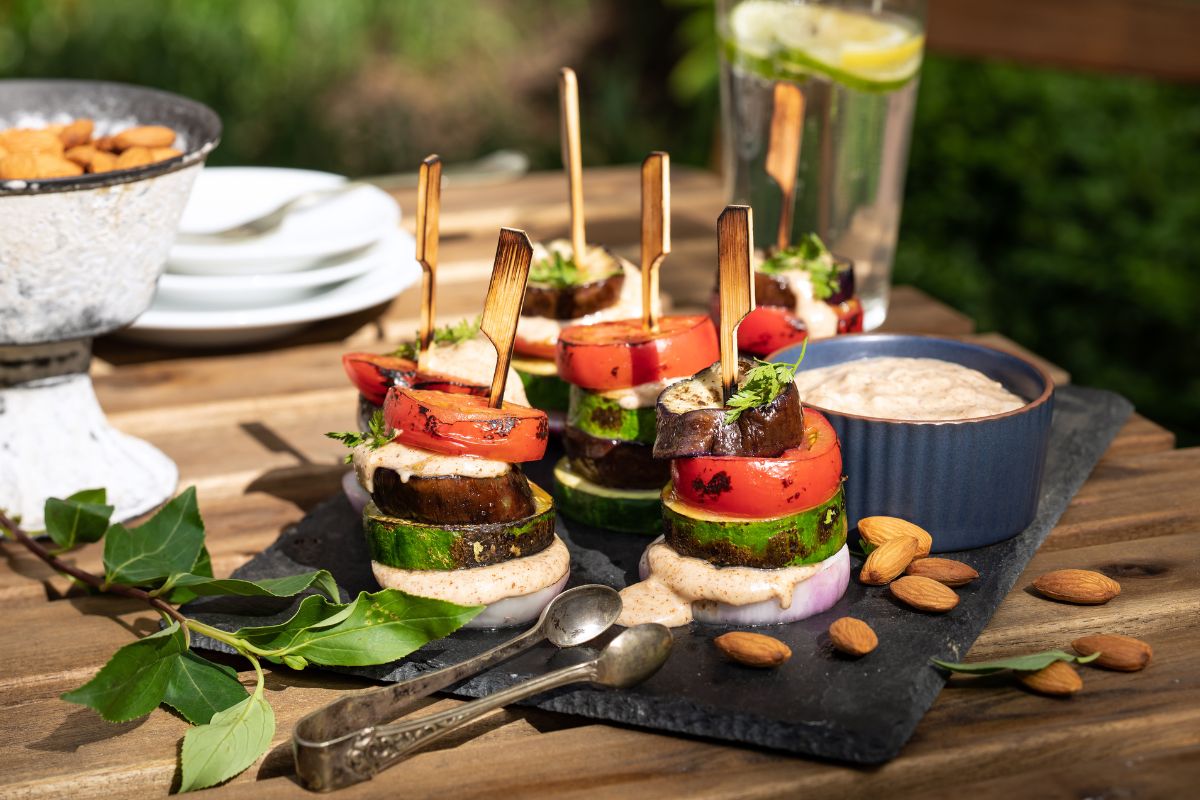 Grilled Summer Stacks with Smoky Almond Cream