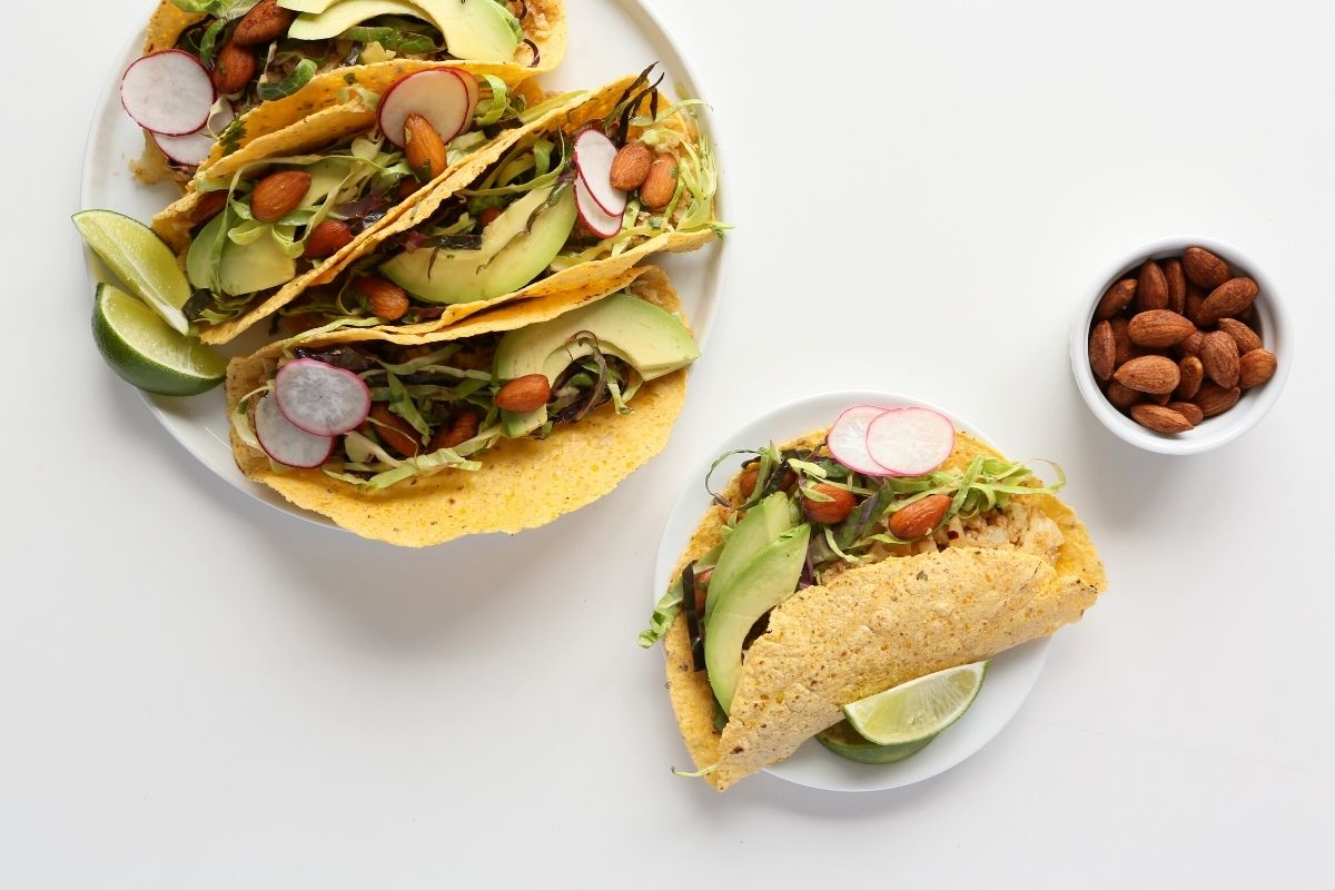 Ground Cauliflower Tacos with Spicy Almonds and Crunchy Slaw