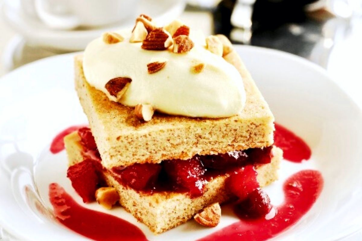 Almond Spice Cake with Cranberry and Orange Compote and Sea Salt Zabaglione