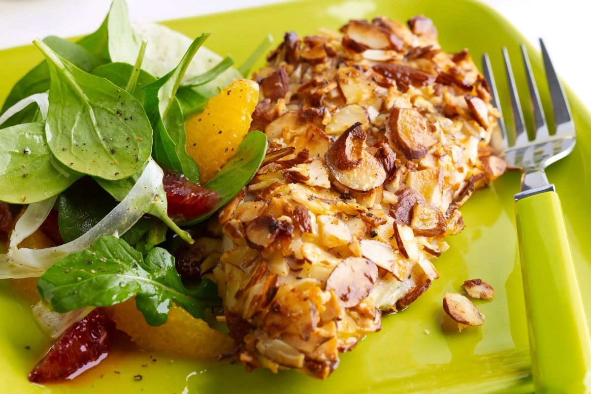 Almond Orange Crusted Chicken with Fennel Arugula Salad