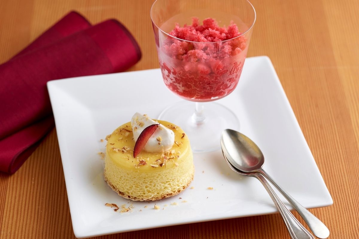 Steamed Almond Cake with Plum Granita